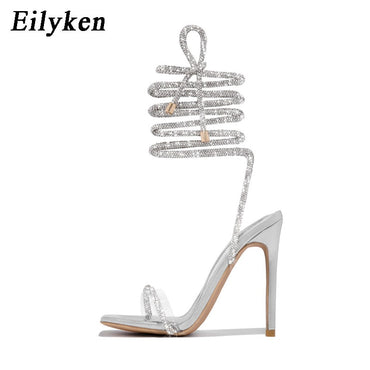 Eilyken Transparent Crystal Rhinestone Women Sandals Ankle Lace-up Square Toe Wedding Party High Heels Female Shoes