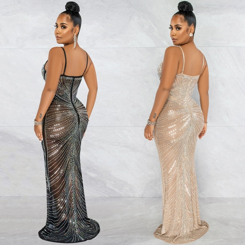 Sparkle Sheer Mesh Rhinestones Long Maxi Dress Gown Women Glam Spagetti Straps Crystal Sexy Evening Party Dress Outifts