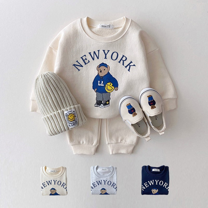 Korea 2023 Baby Boys Clothes Sets Letter Bear Girls Long Sleeve Casual Hoodie Sweatshirt+Pants 2pcs Kids Clothes Sports Suit New