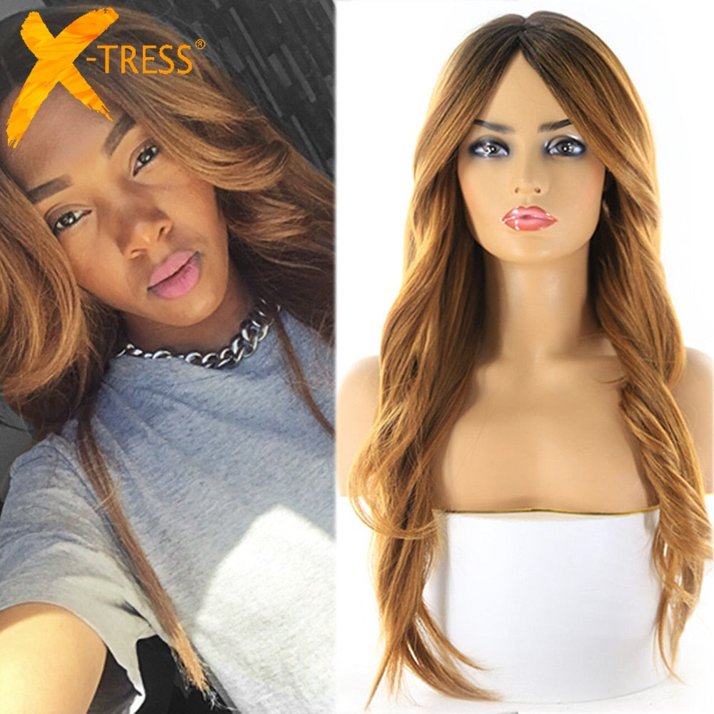 Synthetic Wigs For Black Women Long Wavy Side Part Hair Wig With Bangs Ombre Brown Color Natural Soft Cosplay Hairstyle X-TRESS