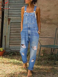 Fashion Women Denim Rompers for Streetwear Hollow Out Design Pockets Decor Sling Sleeveless Mid Waist Casual Loose Jumpsuits