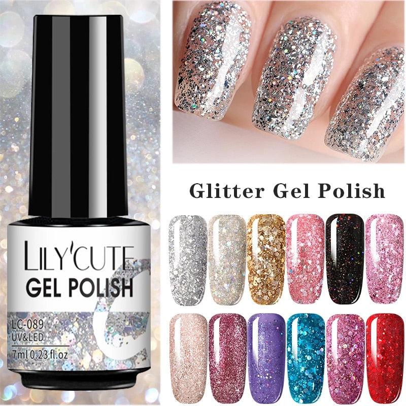 LILYCUTE 7ml Glitter Sequins Nail Gel Polish Gel Rose Gold Semi Permanent Hybrid Nail Art DIY Design Varnish