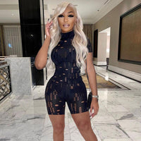 Sexy Hollow Out Hole Bodycon Jumpsuit Women Short Sleeve Sheer Romper Playsuit Party Club Summer Overalls Shorts Vetement Femme