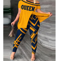 Women's Summer Fashion Geometric Print Short Sleeve Suit Set Femme Casual Sporty 2Pcs Set One-Shoulder Split Hem Tops &Pants Set