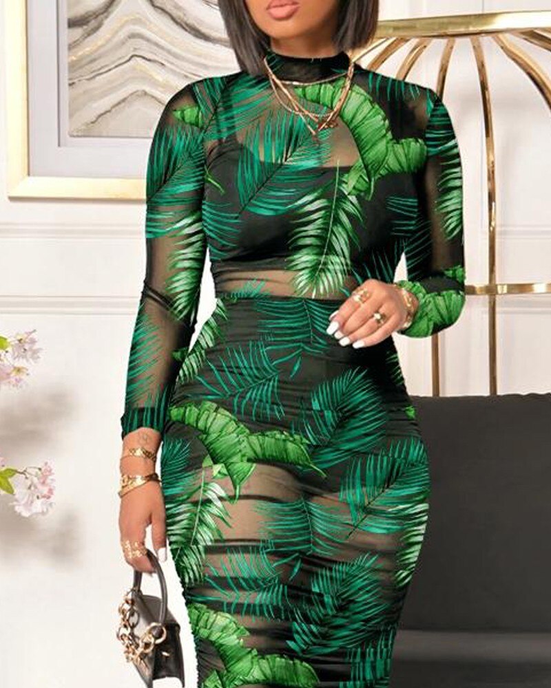 Spring Summer Women 3PCS Crop Top &amp; Shorts Set with Tropical Print Sheer Mesh Bodycon Dress Sexy Lady Three Piece Dress Set