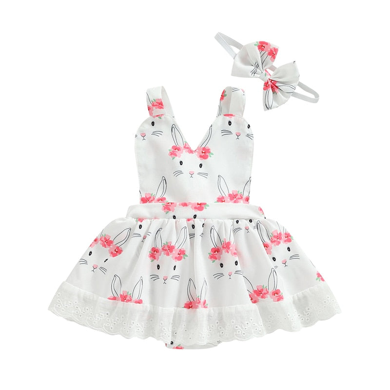 2022-12-01 Lioraitiin 0-18M Easter Infant Girls Dress Rabbit Print Halter Neck Sleeveless Lace Skirt