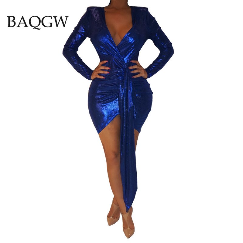 Summer Sexy Bodycon Dress for Women V-neck Glitter Metallic Long Sleeve Solid Color Skinny Nightclub Party Clothes Ladies Dress