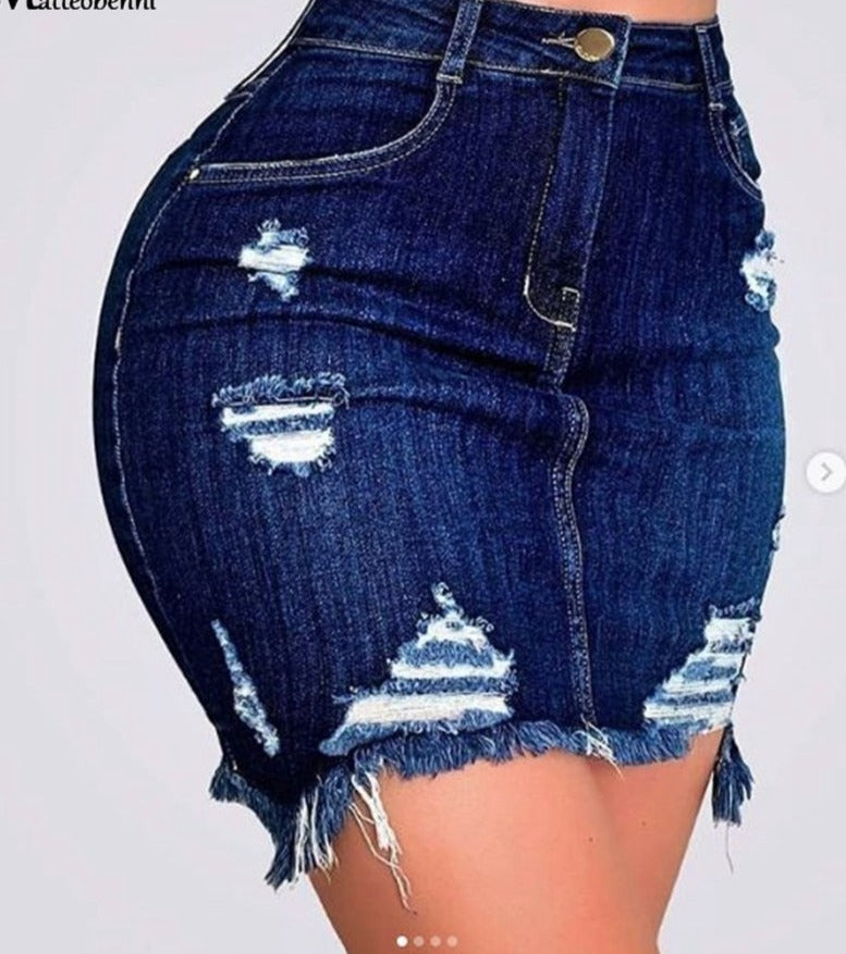 Sexy Women Fashion Denim Skirt Ripped Hip Distressed High Waist Button Denim Pencil Skirts