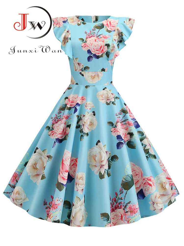 Women Summer Dress Retro 50s 60s Robe Femme Rockabilly Pinup Party Vestidos Casual Elegant Floral Office Dress