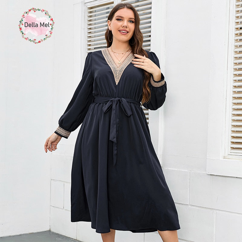 Della Mel Plus Size Women Clothing Long Sleeve Dress Urban Office V Neck Elegant Female Evening A-line Casual Party Long Dresses