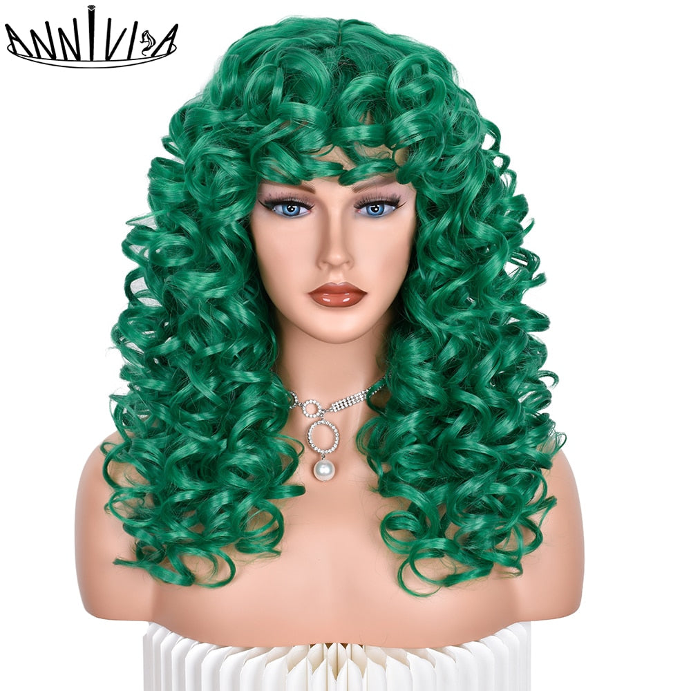 Black Curly Wig With Bangs Long Curly Afro Wigs for Women Synthetic Fiber Glueless Hair