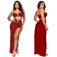 Sexy Women Skirt Suit Summer Two Piece Set Solid Strapless Sleeveless Tank Top High Slit Maxi Skirt