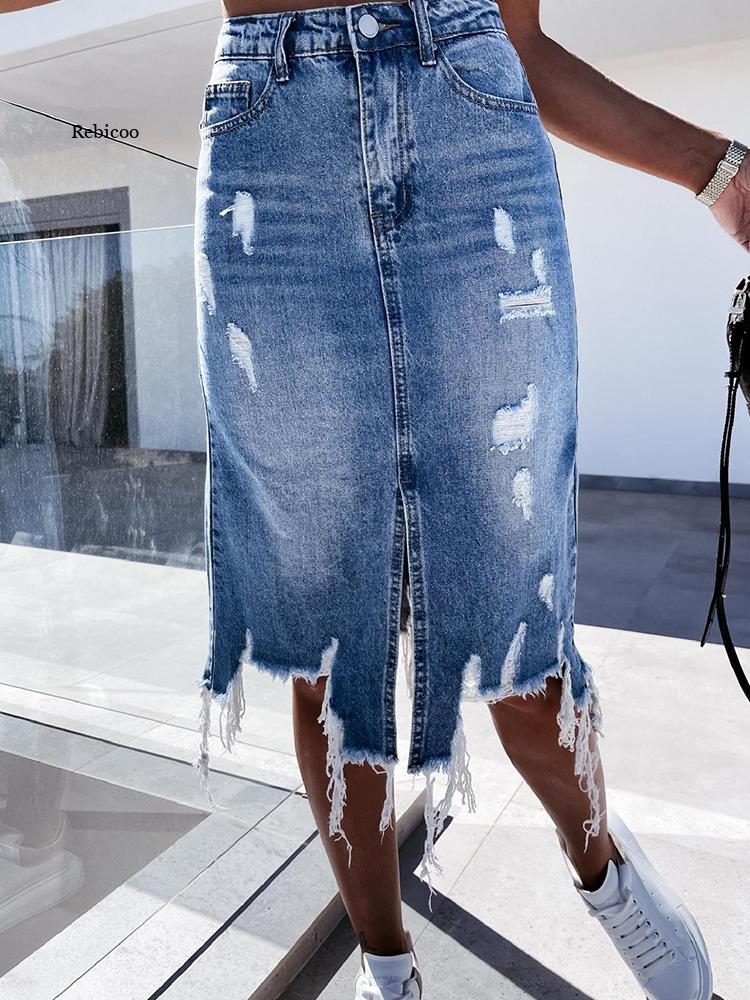 Summer Sexy Asymmetric Denim Skirt Women High Waist Slit Ripped Beggar Midi Skirts Casual Slim Worn Tassel Blue Jeans Skirt