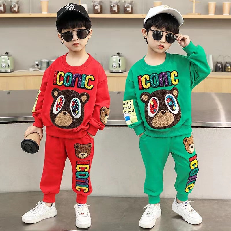 2022 Suit Set Beading Spring Autumn Baby Girls Boy Causal Cotton Cartoon Bear Top +Pants