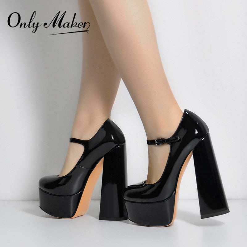 Onlymaker Women Pumps Mary-Jane Platform Black Pink Chunky 16CM High Heels Ankle Strap Dress Party Hoof Heel Plus Size Shoes