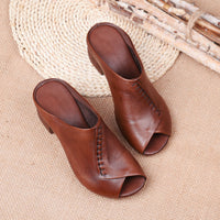 Thick-heeled Soft Leather Outer Slippers Fish Mouth Comfortable Versatile Mid-heeled Women Sandals Women's Mother's Shoes Women