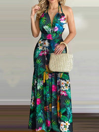 Women Tropical Print Sexy Halter Backless Summer Maxi Dress