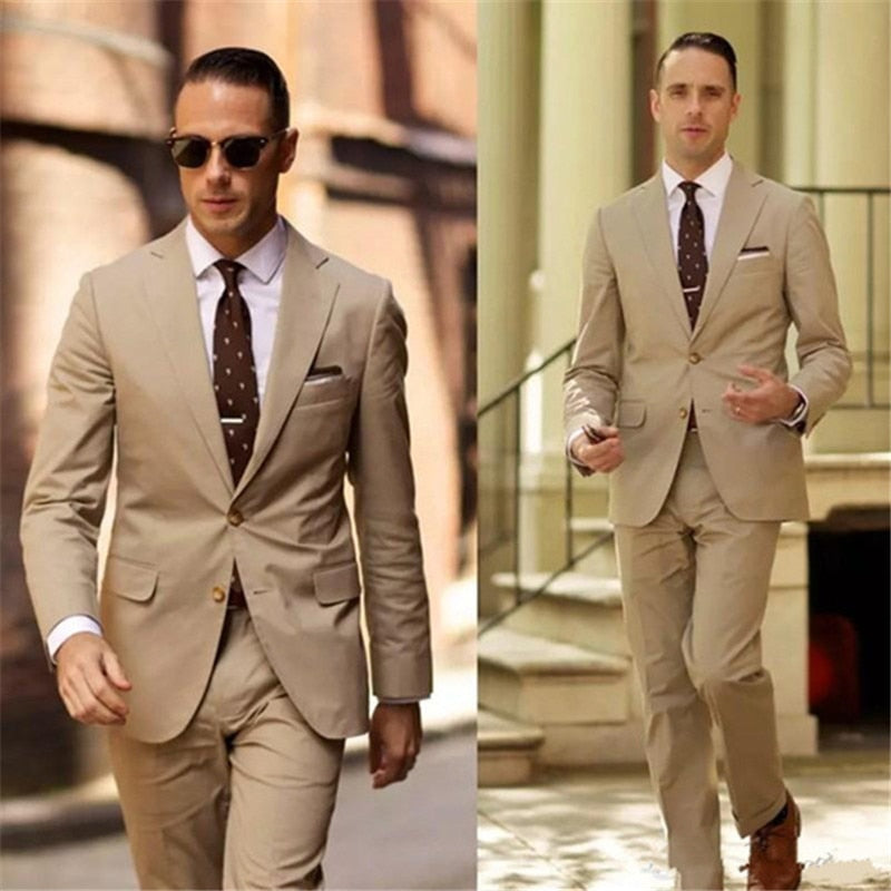 Mens Suits (Jacket+Pants) Latest Designs Beige Groom Tuxedos elbow patches 2 Pieces Wedding Prom Dinner Italian Man Suit Blazer