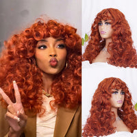 Short Curly Wigs with Bangs Copper Red Loose Wave Synthetic Wigs for Women Natural Hair Cosplay Party Heat Resistant Fiber