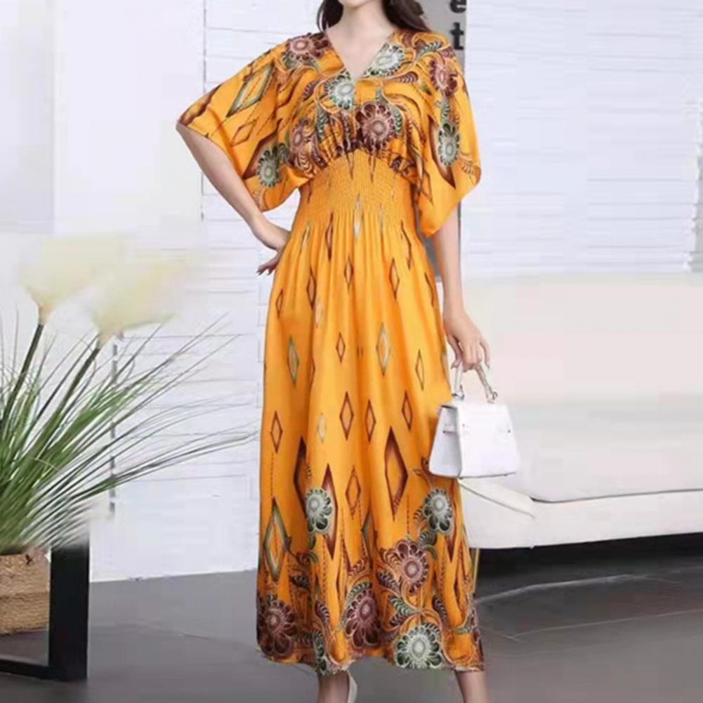 Women Beach Dress V-neck Printed Tight Waist Lady Summer Dress Half Sleeves Swomen Maxi Dress Lady Summer Dress Female Clothes