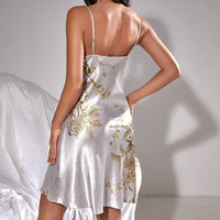 Nightgown Women Summer New Satin Sleepwear Spaghetti Sling Intimate Lingerie Print Flower Nightdress Home Clothing