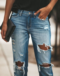 2022 New Women Fashion Mid Waist Boyfriend Big Ripped Hole Jeans