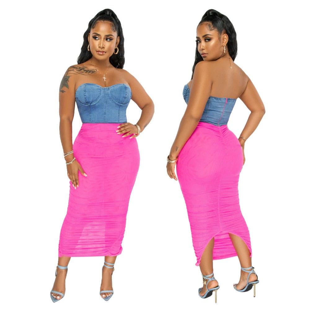 Ruched Mesh Patchwork Jeans maxi Dress women sexy Strapless backless Denim Split party club long dresses outfit streetwear robe