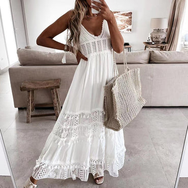 Off Shoulder Lace Patchwork Elegant Dress Women Summer 2023 V Neck Spaghetti Strap Dress Female New Fashion Solid Party Dresses