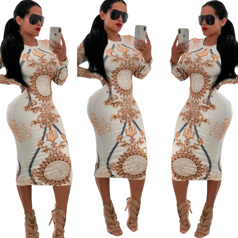 Women Spring Summer Sexy Print Bodycon Dress Long Sleeve Knee-length Casual Vintage Dress Elegant Slim Midi Party Dress Vestidos