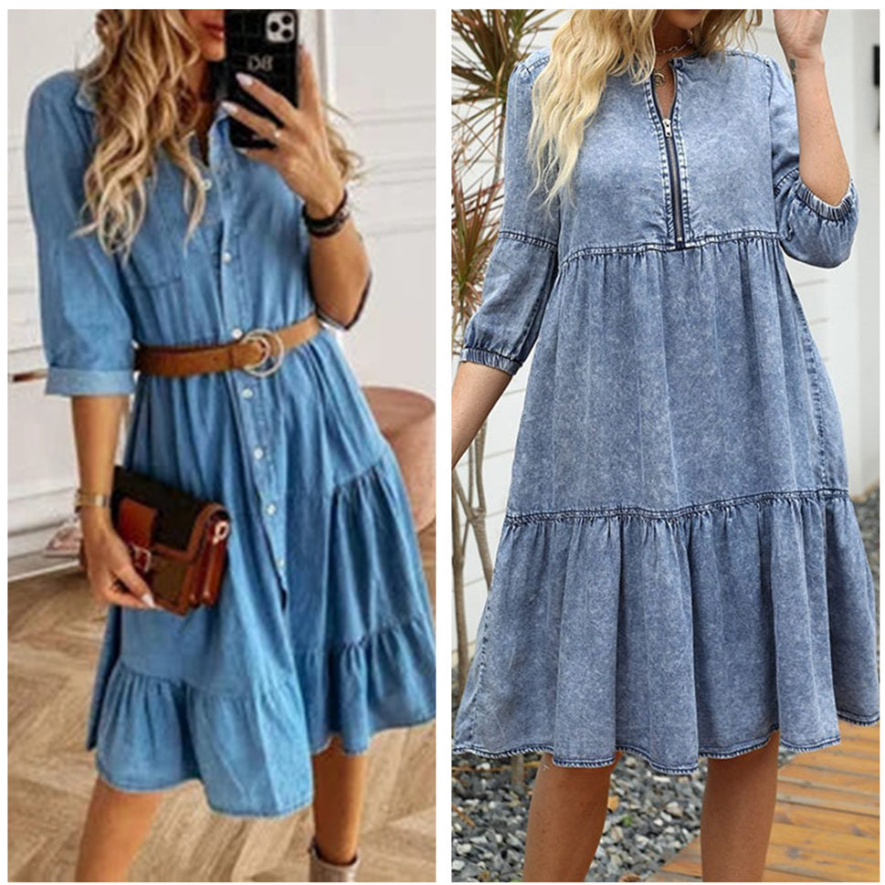 Fashion Jeans woman clothing 3/4 sleeve + cover knee dress summer fashion casual skin-friendly slim classic Denim Dress