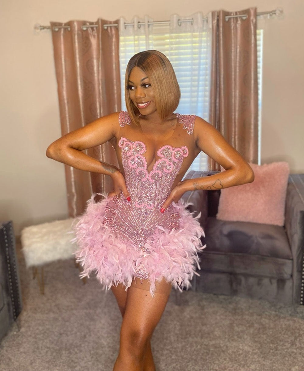 Pink Short Prom Mini Birthday Dresses 2023 Sexy Beaded Crystals See Through Top Feather African Black Girl Party Cocktail Gowns