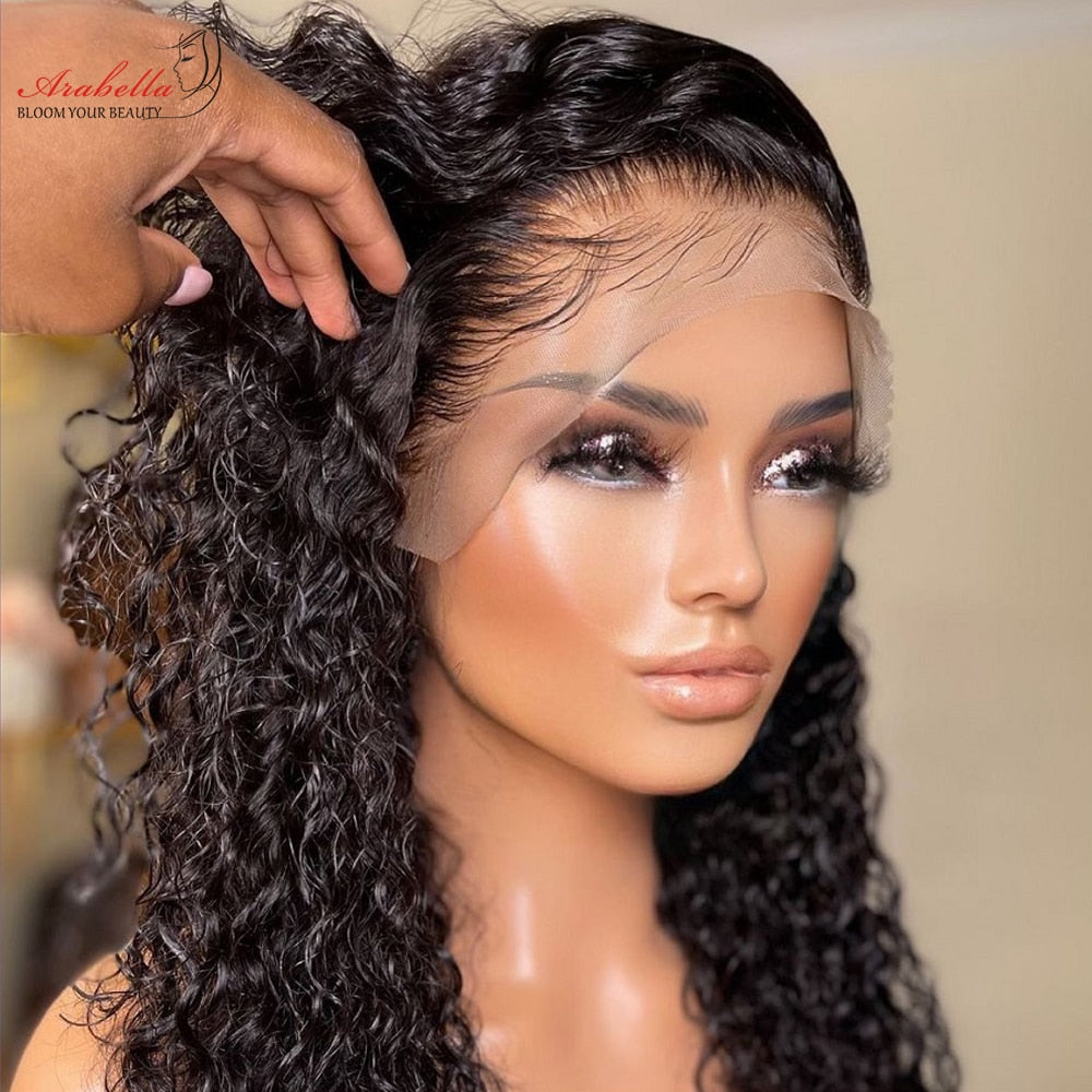 Deep Wave Lace Frontal Wig 210 Density 13x4 Transparent Lace Wig Pre Plucked Bleached Knots Arabella Remy Deep Curly Wig