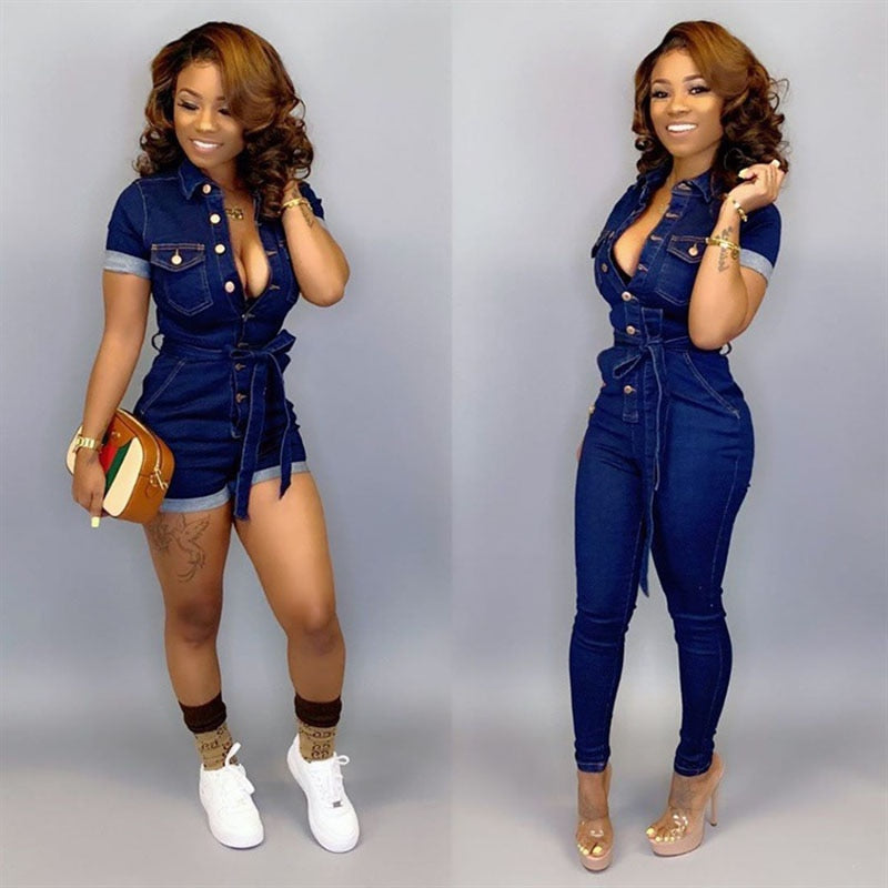 Summer Denim Jumpsuit For Women Blue Short Sleeve Shorts Rompers Fashion Elastic Lapel Button Slim Fit Jumpsuit Ladies Vestidos