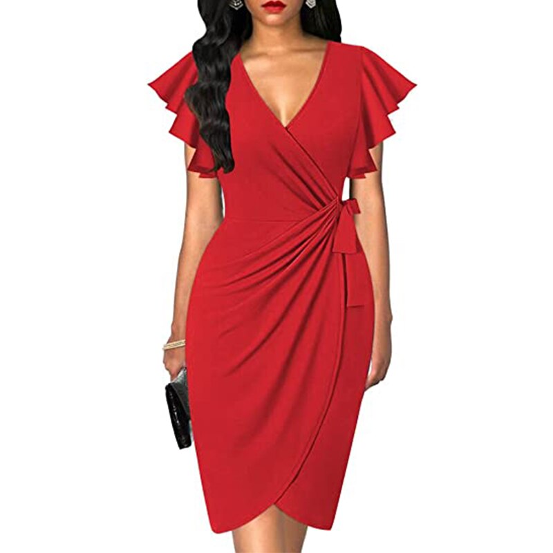 OTEN Women's Deep V-neck ruffle sleeve pleated irregular dress casual summer cocktail party work belt wrap hip dress