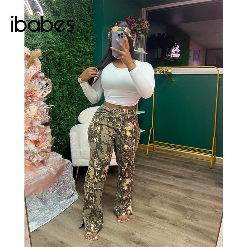 Camo Women Cargo Pants Casual High Waist Side Slit Flare Pants 2023 Summer New Fashion Elegant Bottoms High Street Trousers