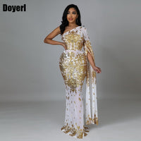 Sparkly Sequin Evening Sexy Dresses Women Long Sleeve One Shoulder Sheer Mesh Maxi Bodycon Dress Wedding Night Club Party Dress