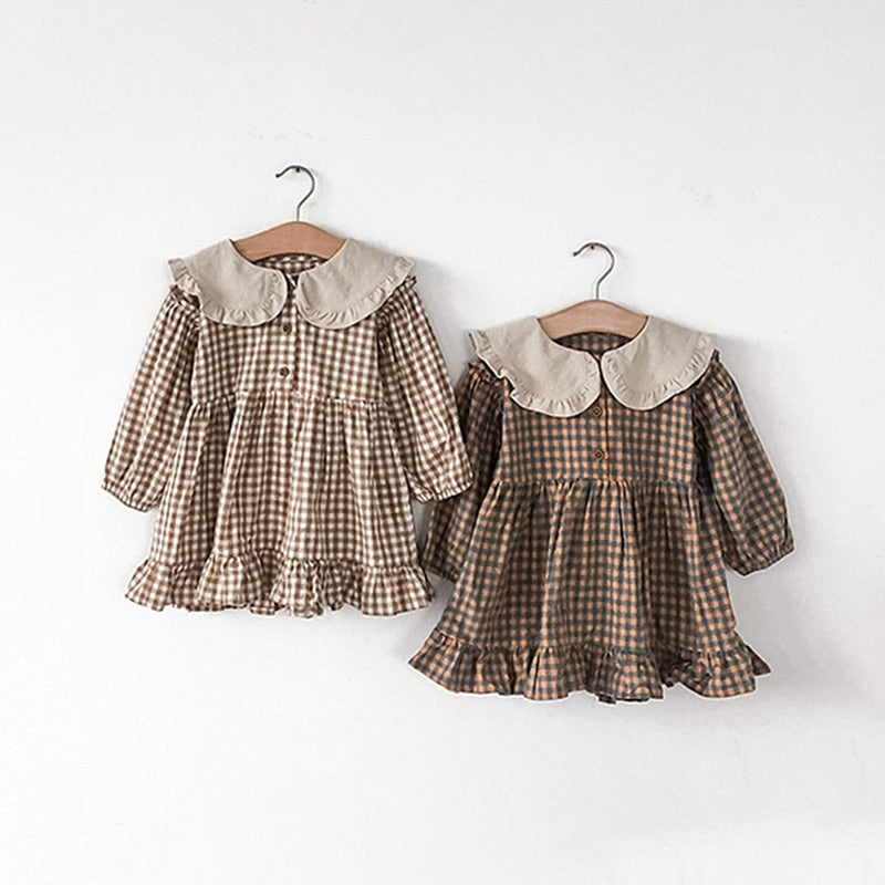 Spring Summer Girls Clothing Cute Children Dresses Kids Baby Girl Plaid Cotton Linen Lapel Collar Dress Long Sleeve Skirt