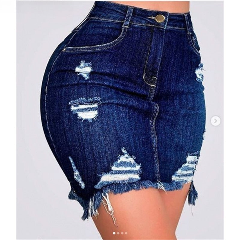 Sexy Women Fashion Denim Skirt Ripped Hip Distressed High Waist Button Denim Pencil Skirts