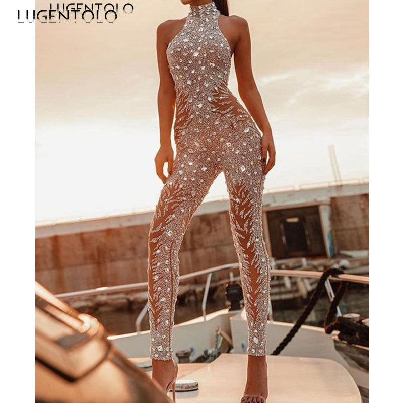 Jumpsuit Sexy Slim Women's Shiny Sleeveless Casual Sequins Straight Party Mesh Female Long Jumpsuits Lugentolo