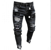 Men&#39;s Painted Skinny Slim Fit Straight Ripped Distressed Pleated Knee Patch Denim Pants Stretch Jeans