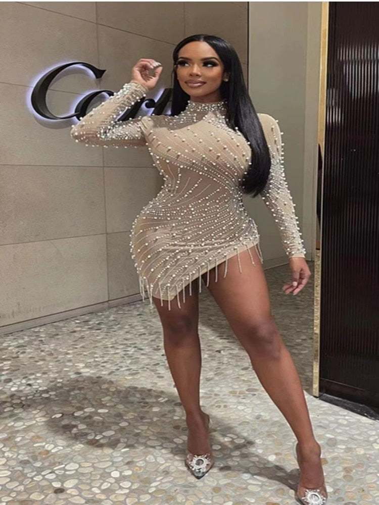 High Quality Celebrity Nude Long Sleeve Beading Bodycon Dress Elegant Club Party Dress Vestidos