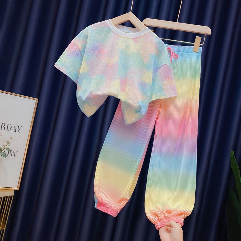 Girls 2023 Summer New Fashion Ice Silk Rainbow Gradient Color Loose 2pcs T-shirts+pants Suits 3-12 Years Kids Tie-dyed Clothing