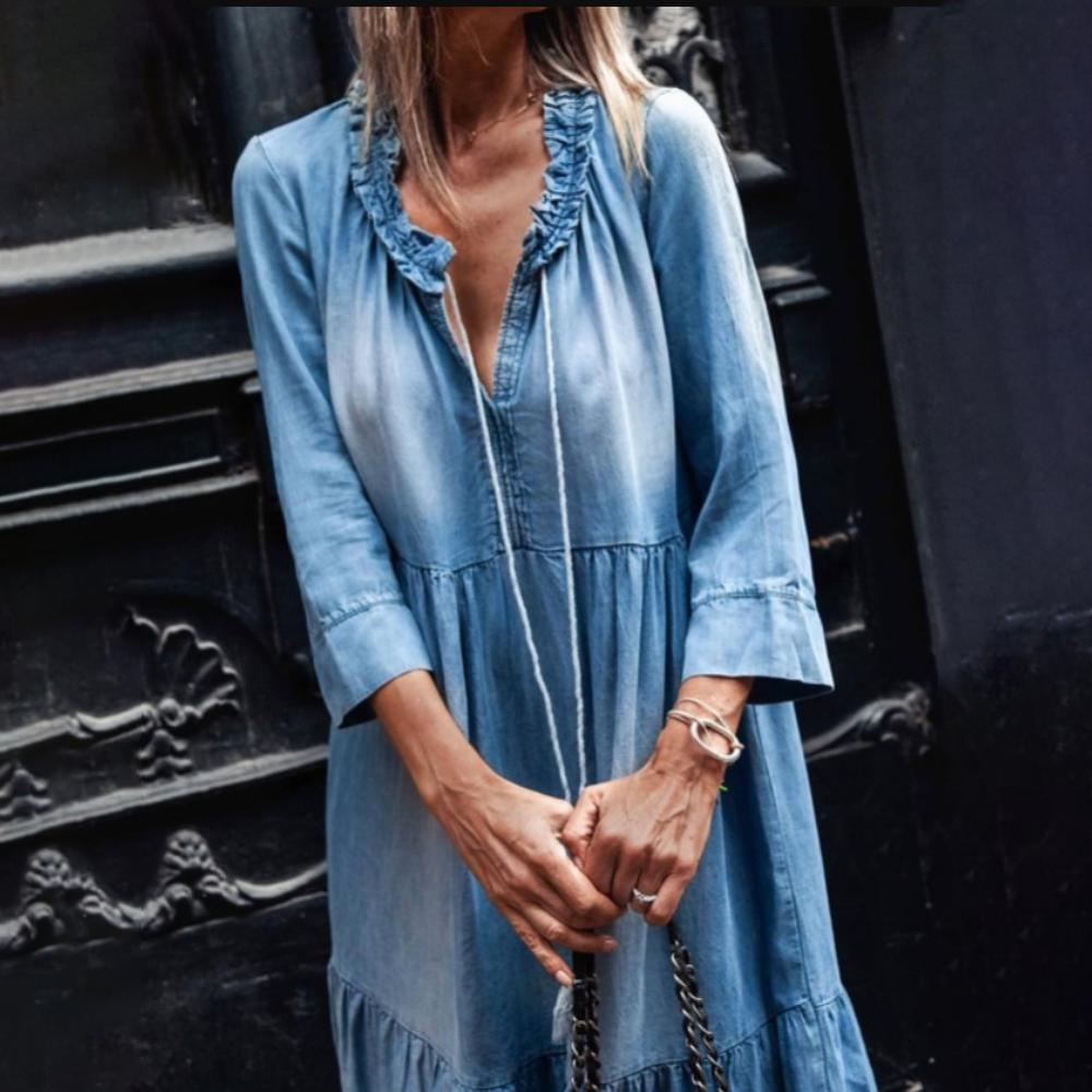 Loose Women 3/4 Sleeve Dress Vintage Tassel Plus size dress Denim apparel autumn Lace V Neck Large Hem Maxi Denim Dress