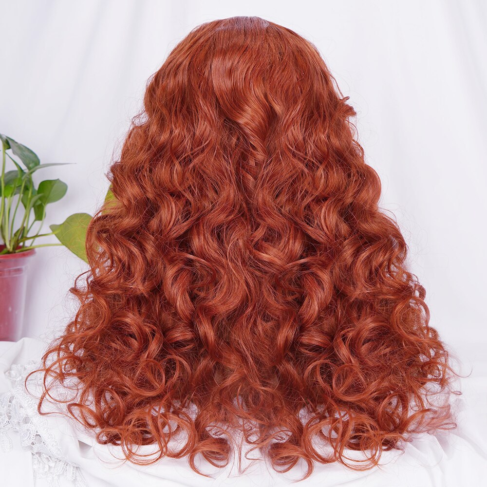 Short Curly Wigs with Bangs Copper Red Loose Wave Synthetic Wigs for Women Natural Hair Cosplay Party Heat Resistant Fiber