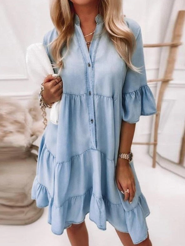 Sexy Women&#39;s Denim Dress Summer Short Sleeve Lapel Single Breasted Solid Color