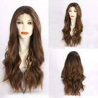 LOUIS FERRE Long Brown Lace Frontal Synthetic Wigs Dark Brown Body Wavy Highlight Wig Natural Hairline Daily Heat Resistant Hair