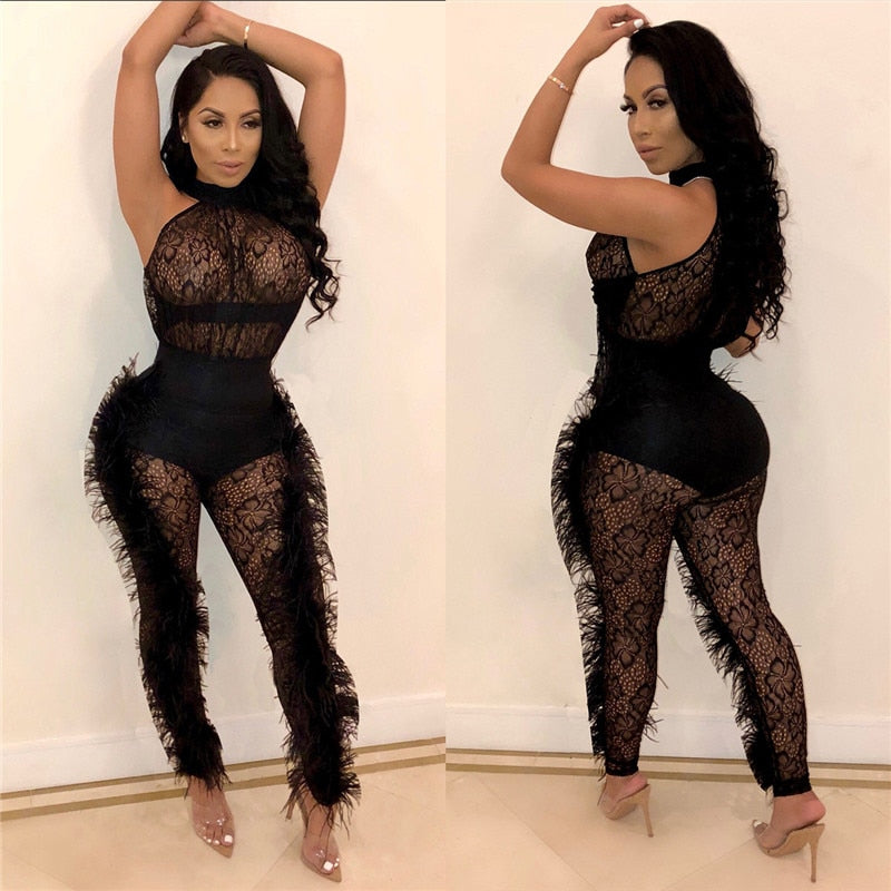 Women Sexy Sheer Lace Jumpsuit Black See Through Mesh Bodysuit