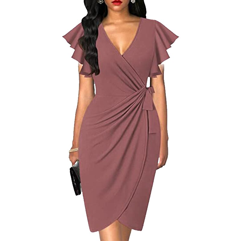 OTEN Women's Deep V-neck ruffle sleeve pleated irregular dress casual summer cocktail party work belt wrap hip dress