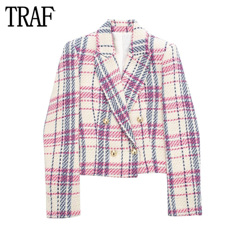 TRAF Plaid Tweed Blazer Women Textured Cropped Jacket Women Double Breasted Blazer Women Long Sleeve Button Blazers for Women