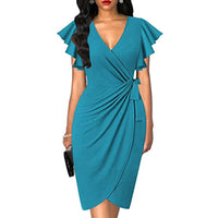 OTEN Women's Deep V-neck ruffle sleeve pleated irregular dress casual summer cocktail party work belt wrap hip dress